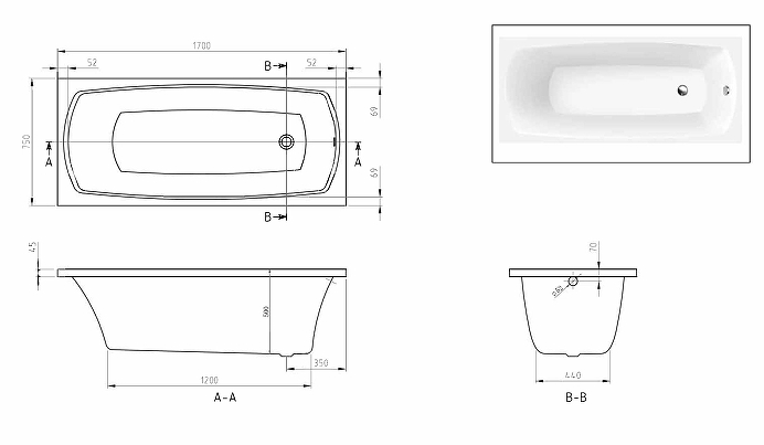 Акриловая ванна Black&White Swan 170х75 белая 1757SBA0 - 2