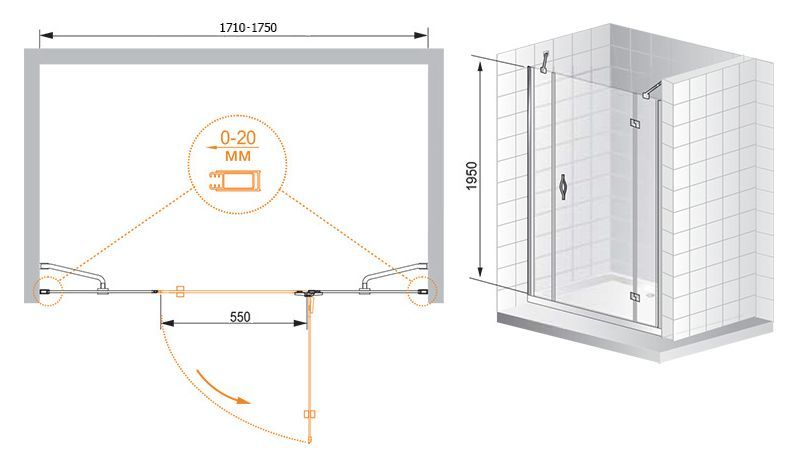 Душевая дверь Cezares Bergamo 175 хром стекло прозрачное BERGAMO-W-B-13-90+60/30-C-Cr-R - 5