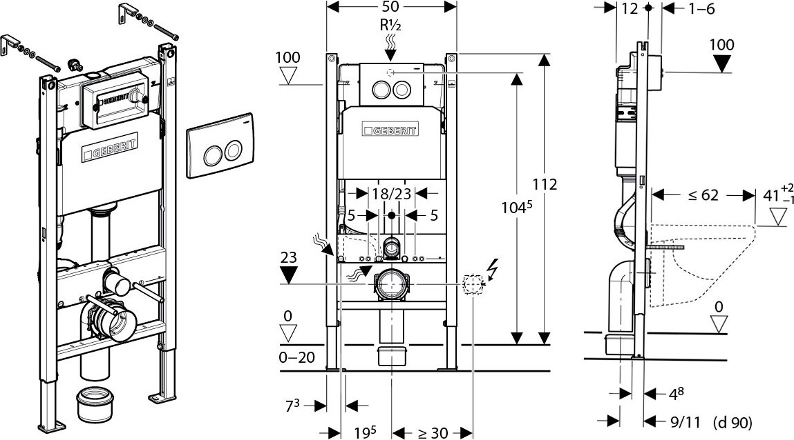 Комплект Система инсталляции для унитазов Geberit Duofix Delta 458.124.21.1 3 в 1 с кнопкой смыва + Чаша для унитаза подвесного Roca Dama Senso 346517000 - 10