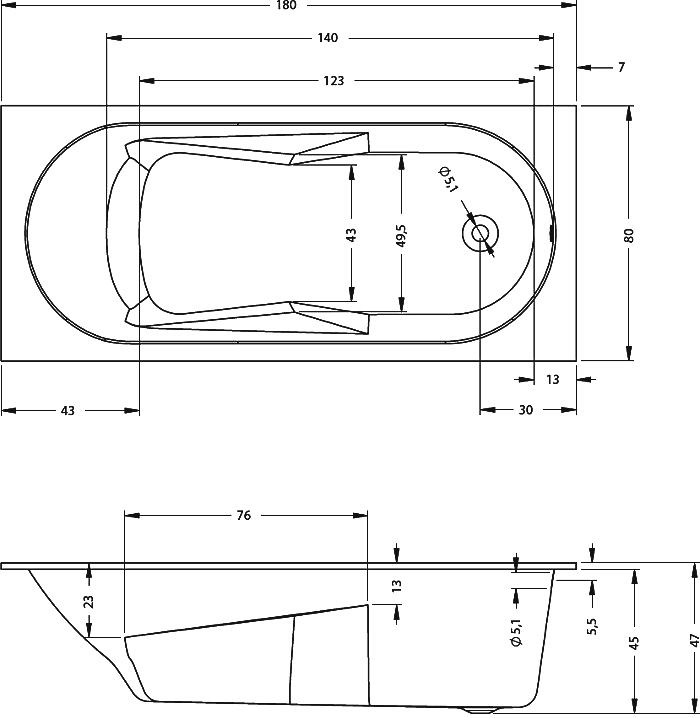 Акриловая ванна Riho Bathtubs Lazy 180x80 B081001005 - 1