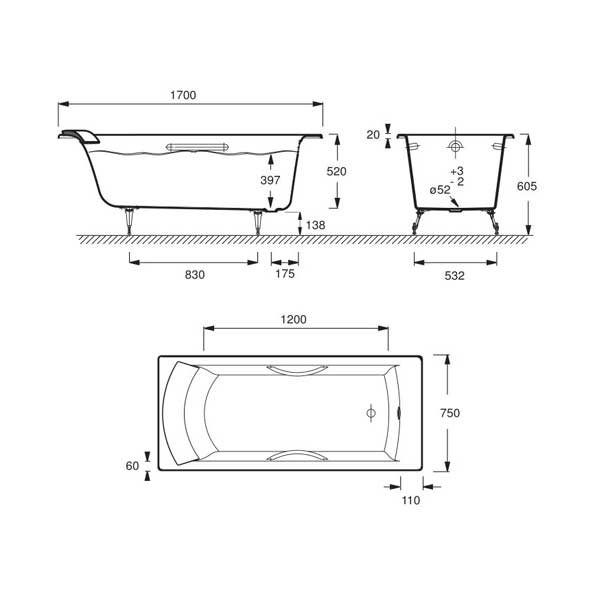 Чугунная ванна Jacob Delafon Biove 170x75, с ручками E2938-00 - 2