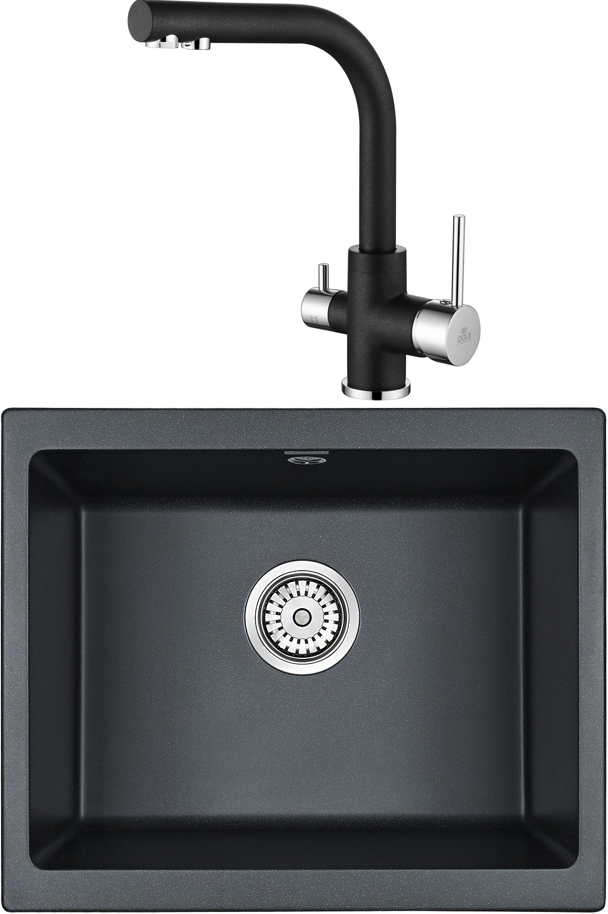 Комплект Мойка кухонная Paulmark Gera PM205546-BLM черный металлик + Смеситель Paulmark Essen Es213011-418 для кухонной мойки, черный металлик - 0