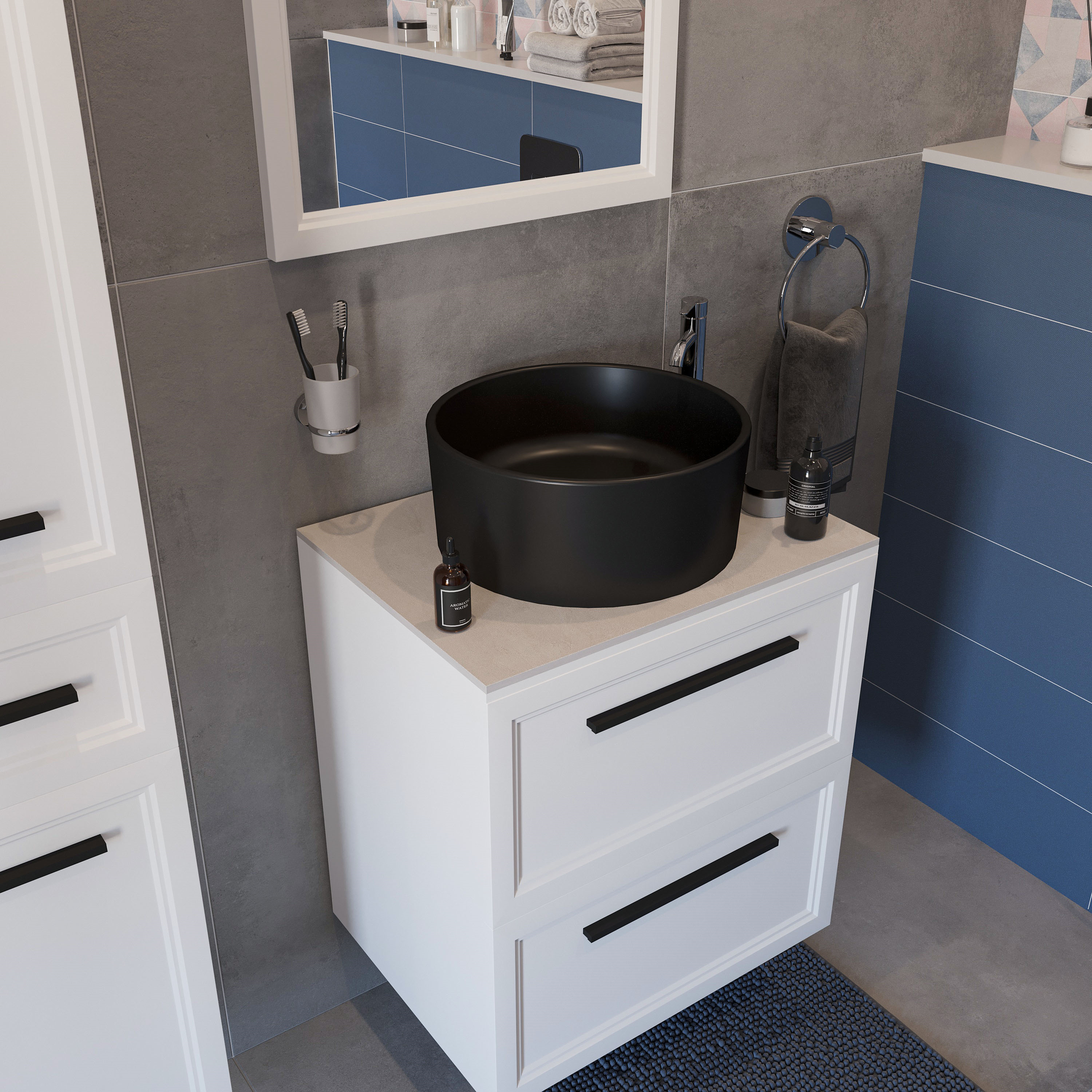 Тумба с раковиной STWORKI Эстерсунд 60 белая матовая, простоун беж, BOCCHI Vessel черная 548185 - 3