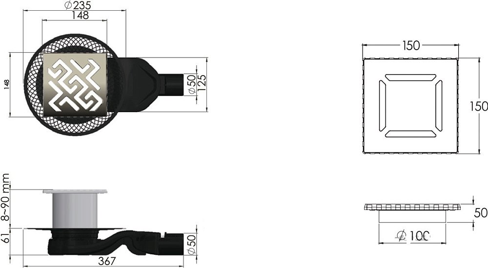 Душевой трап Berges Platz Antik 15х15 бронза 094161 - 1