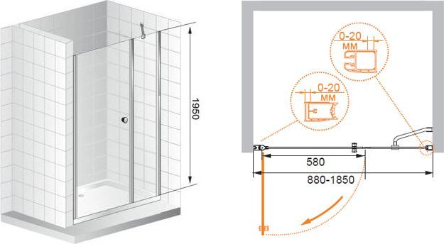 Душевая дверь Cezares Elena 190 хром стекло прозрачное ELENA-W-B-11-100+90-C-Cr - 6
