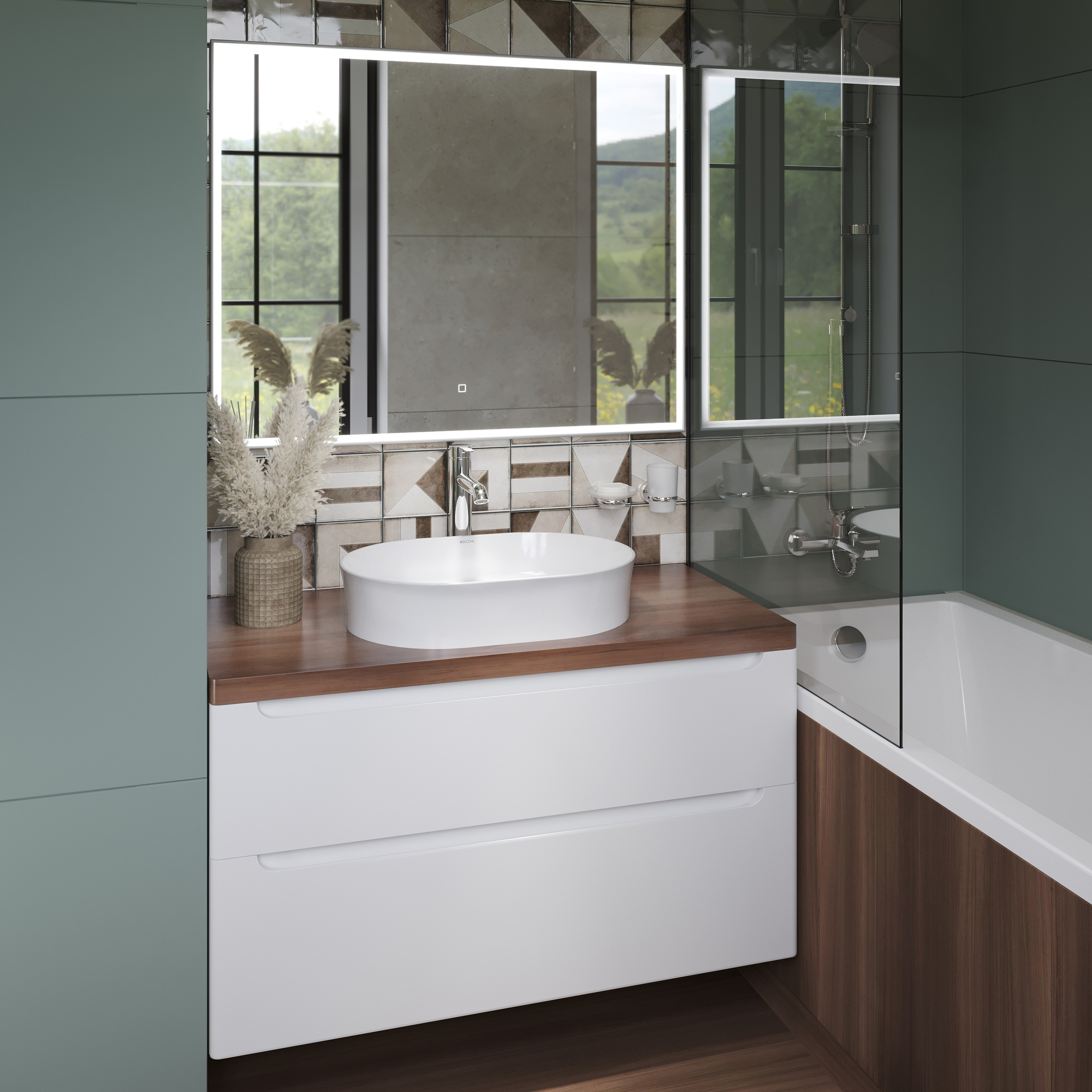 Тумба с раковиной STWORKI Берген 100 белая с темной столешницей, раковина Bocchi Sottile 1521-001-0125 566625 - 2