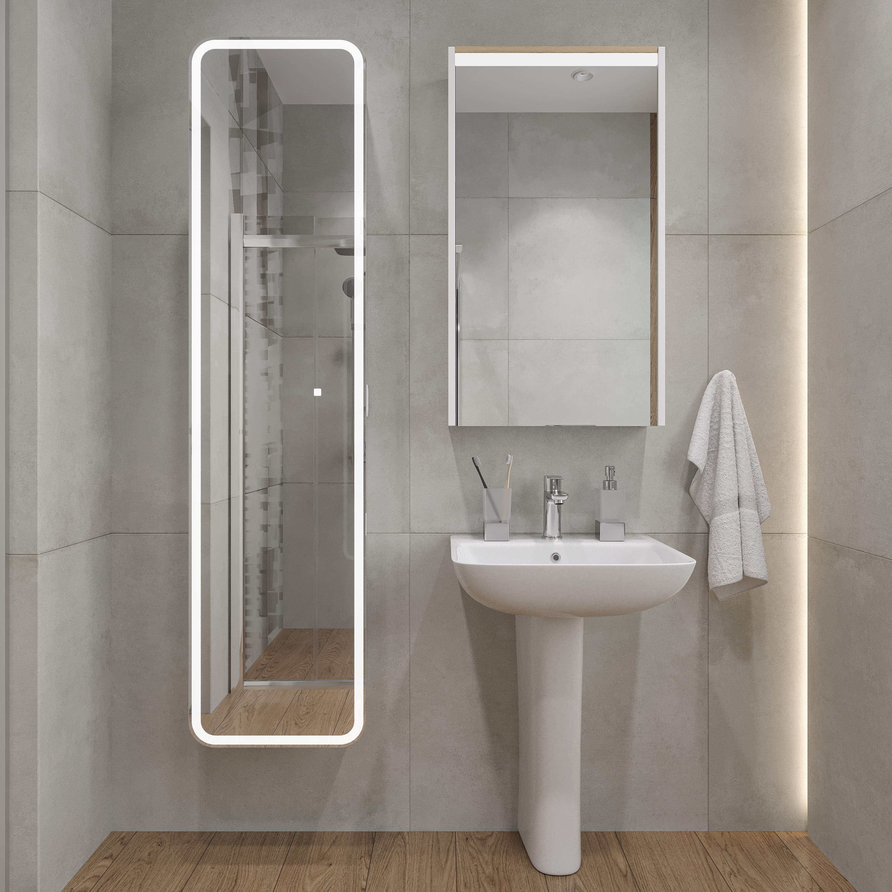 Комплект раковина с пьедесталом  Раковина STWORKI Дублин 50 + Зеркало-шкаф STWORKI Дублин 50 с подсветкой, навесное, белое, прямоугольное + Сифон для 560916 - 0