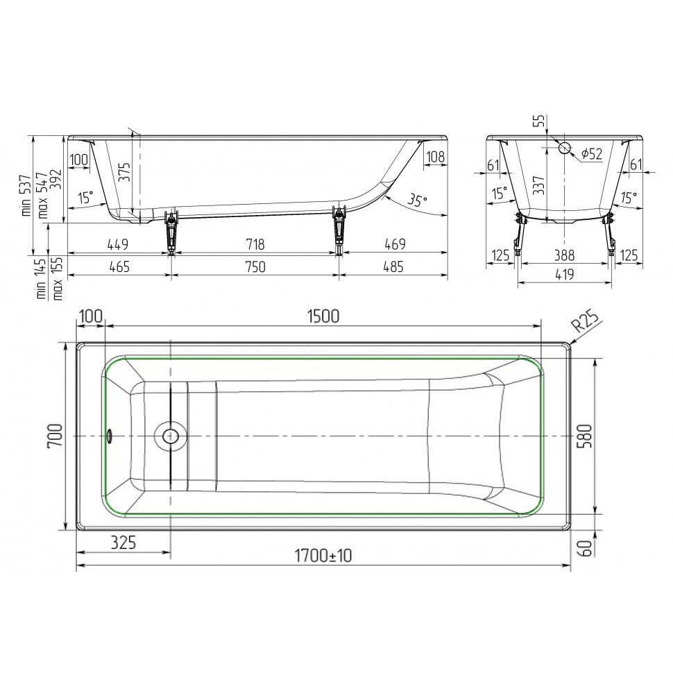 Ванна чугунная Универсал 170х70 в/к ножки 1шт Selena 023-4639 - 2