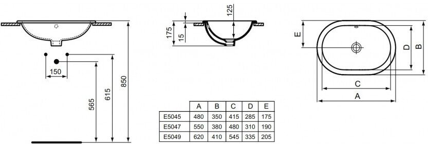 E504901 Connect Умывальник овальный  встраиваемый 62 см, без отверстия под смеситель. - 1