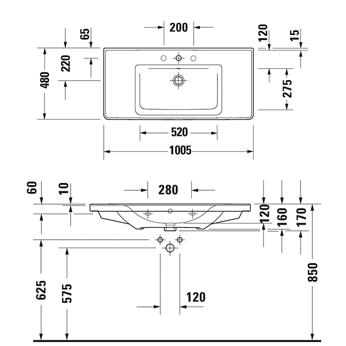 DURAVIT (D-Neo) Умывальник 1005 x 480 мм, с переливом, с отверстием для смесителя, белый 2367100000 - 3