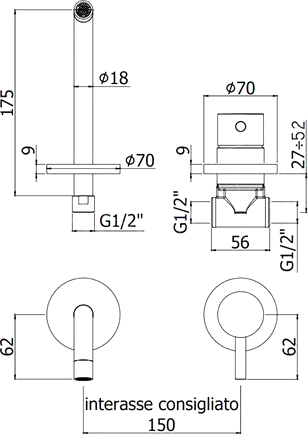 Смеситель Paffoni Light LIG006ST70 с ВНУТРЕННЕЙ ЧАСТЬЮ, для раковины, сталь - 1