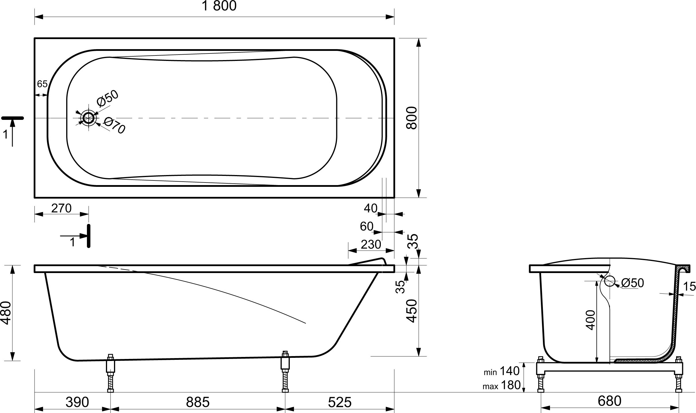 Ванна из литьевого мрамора Эстет Альфа, 180 х 80 см, ФР-00001311 - 5