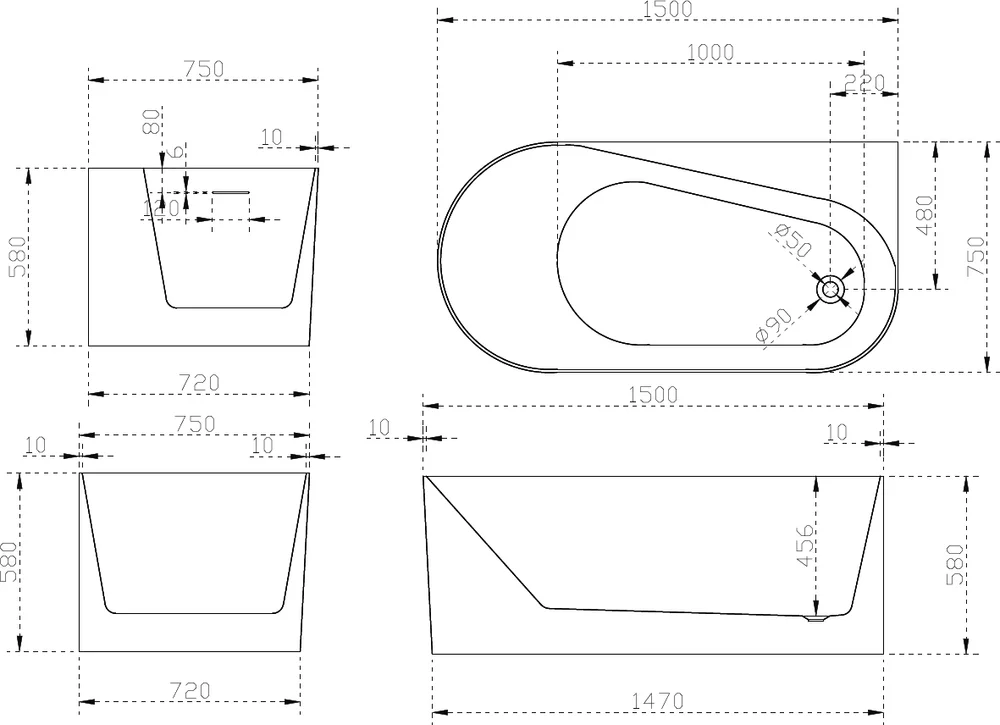 Акриловая ванна ABBER 150х75 белый  AB9496-1.5 R - 3