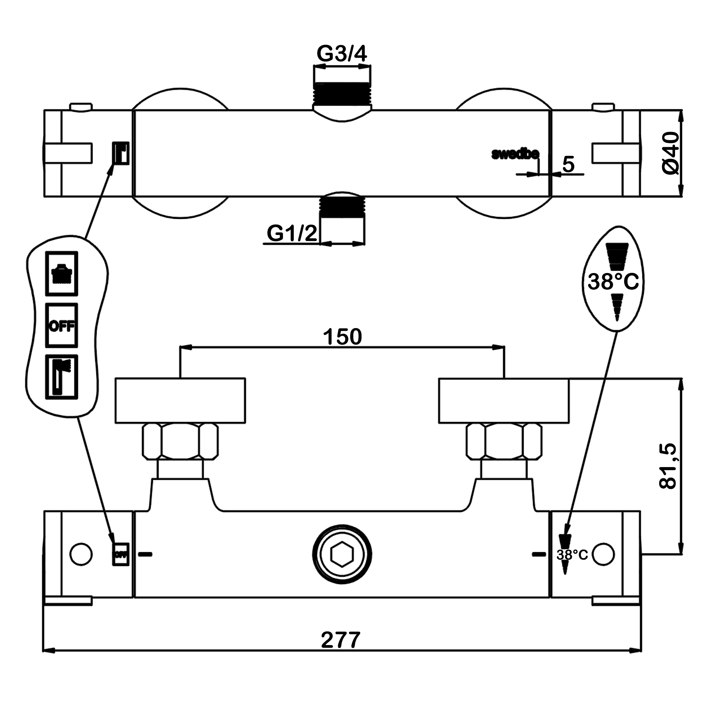 Смеситель для душа Swedbe Hermes черный матовый  9022B - 1