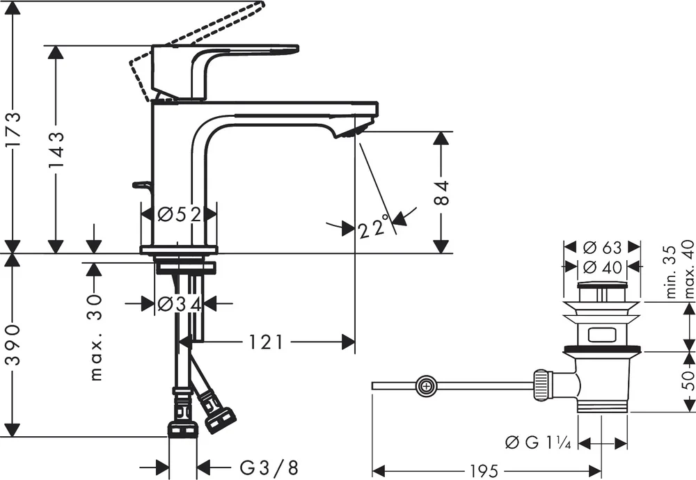 Смеситель для раковины Hansgrohe Rebris S с донным клапаном черный матовый 72513670 - 1