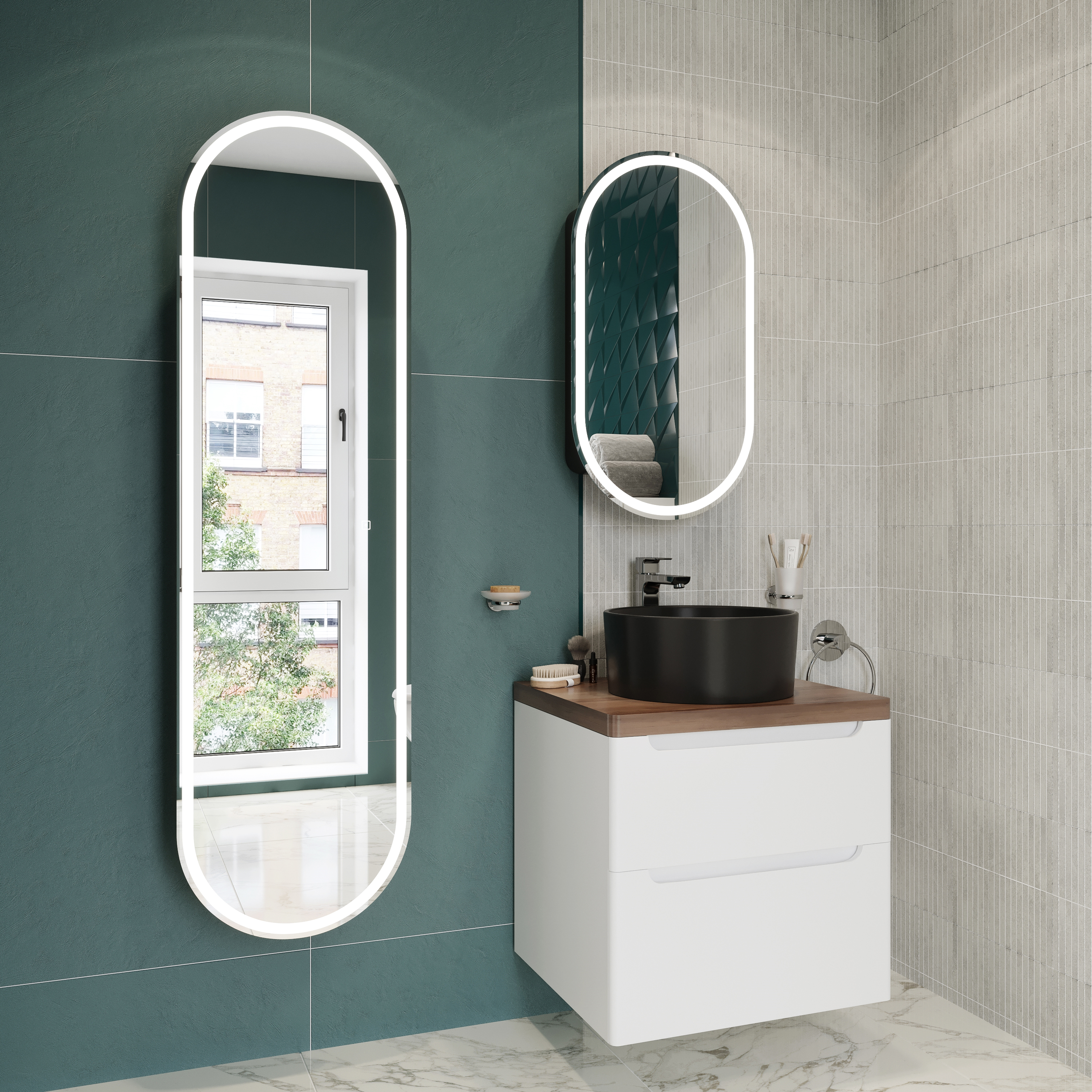 Мебель для ванной STWORKI Берген 60 белая с темной столешницей, раковина BOCCHI Vessel 1174-004-0125 черная матовая 549464 - 1