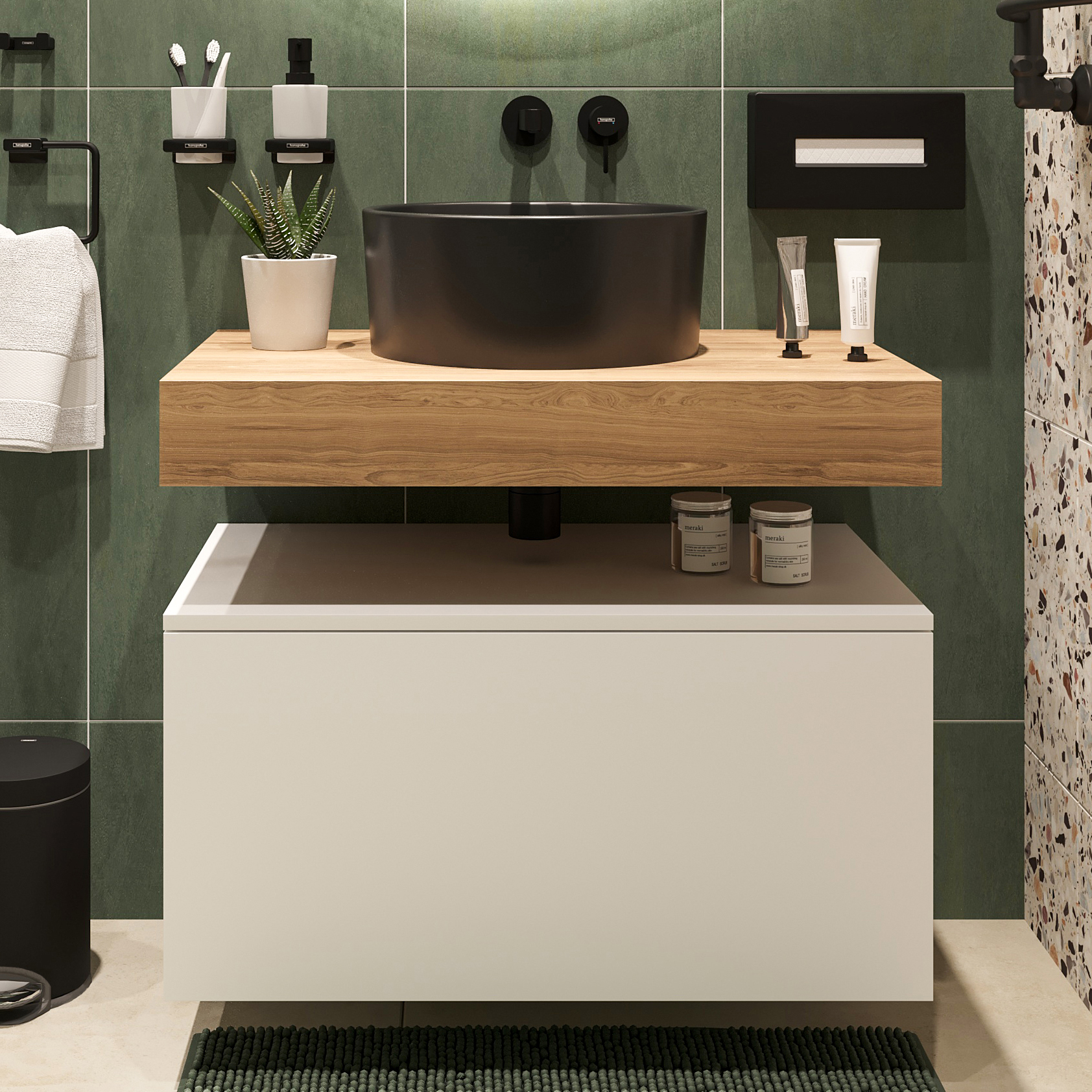 Столешница STWORKI Ольборг 80 дуб французский, без отверстий, с тумбой 80, с раковиной BOCCHI Vessel черной 483317 - 0