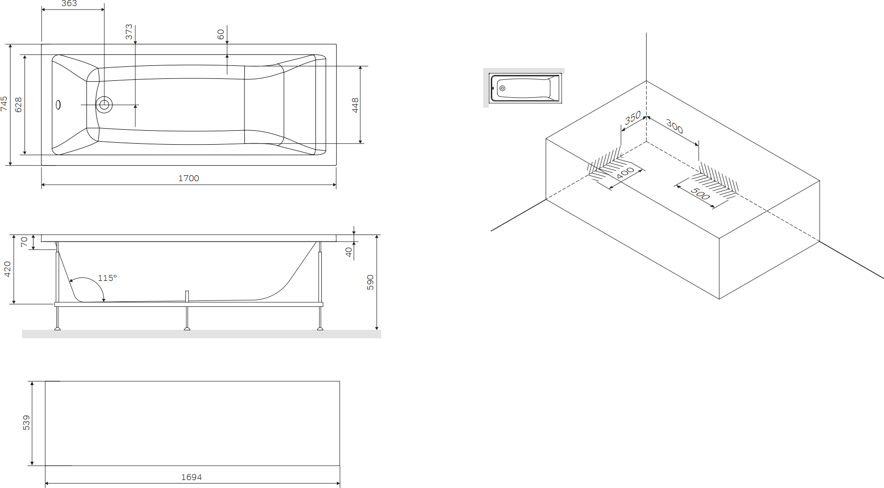 Акриловая ванна STWORKI Карлстад 170x75, с каркасом и сливом-переливом 563281 - 8
