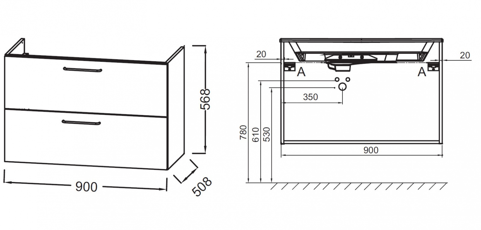 Тумба для комплекта Jacob Delafon Odeon Rive Gauche 90 дуб табак, 2 ящика, ручки черные EB2523-R9-E52 - 2