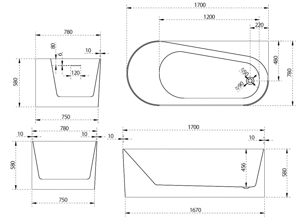 Акриловая ванна Abber 170x78, правая  AB9496-1.7 R - 4