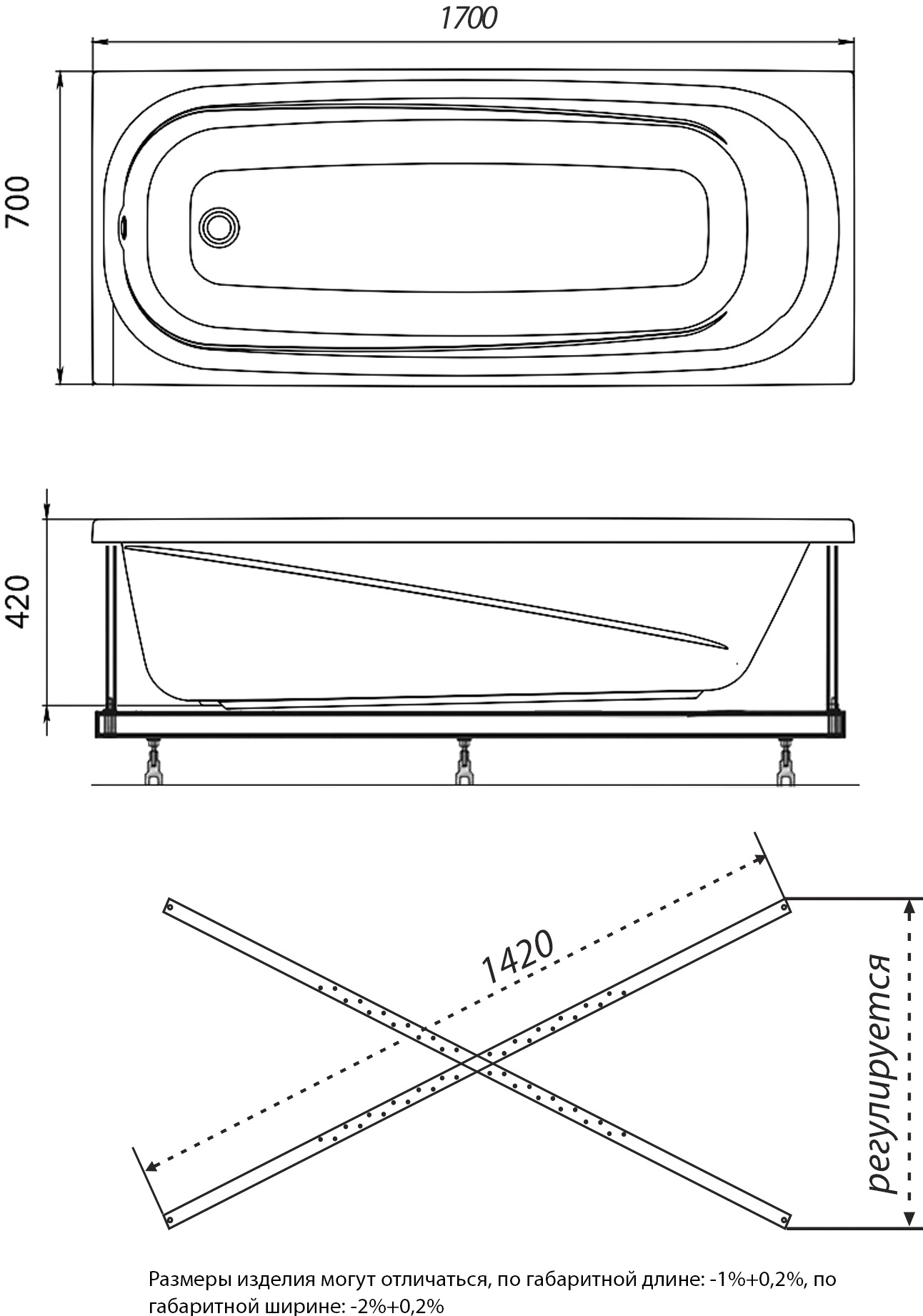 Акриловая ванна DIWO Кострома 170x70 прямоугольная, белая, российская, пристенная, с ножками 506399 - 7