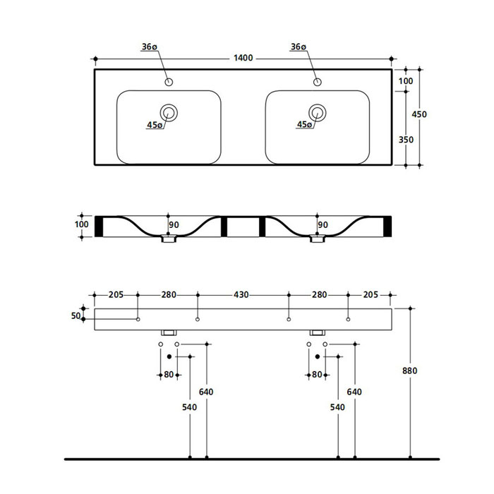 KERASAN Cento раковина двойная140х45 подвесная с 1отв на каждой раковине под смеситель, цвет белый 353601*1 - 1