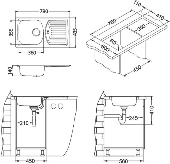 Мойка BASIC 150 NAT-90 NEW 780X435 в комплекте с сифоном  1130543, 1136532 - 3