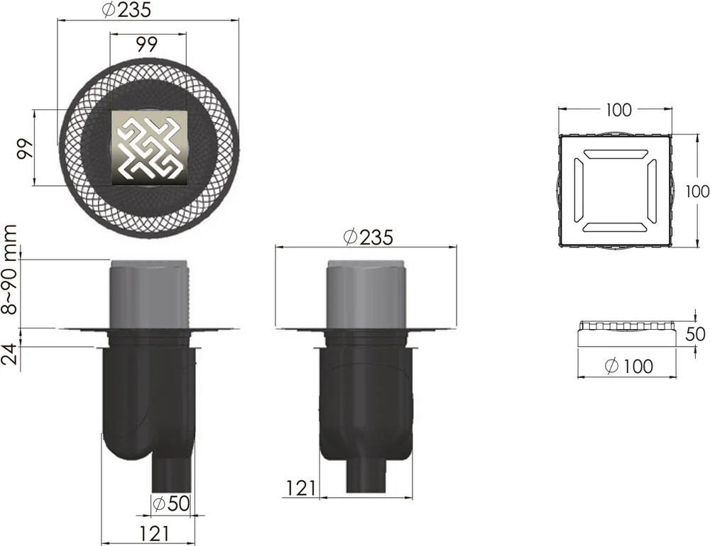 Душевой трап Berges Platz Antik 10х10 хром матовый 090060 - 1