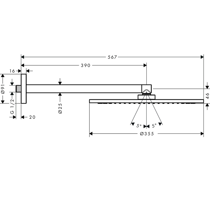 AX Верхний душ, Ø 350мм, 1jet, с держателем 390мм, настенный монтаж, ½’, цвет: хром 26034000 - 1
