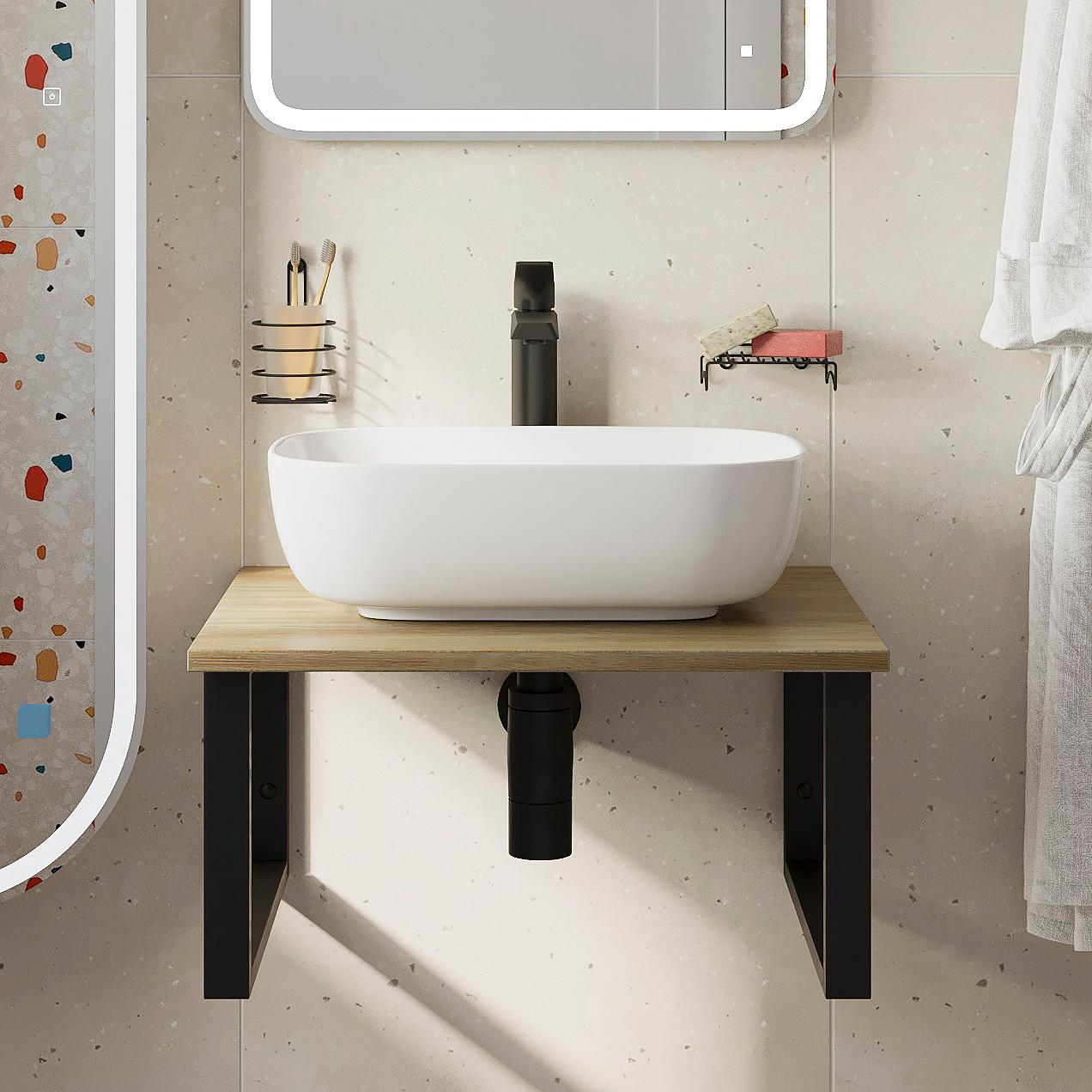 Столешница с раковиной DIWO Элиста 60 светлое дерево, с раковиной Moduo 50 Square 554627 - 0