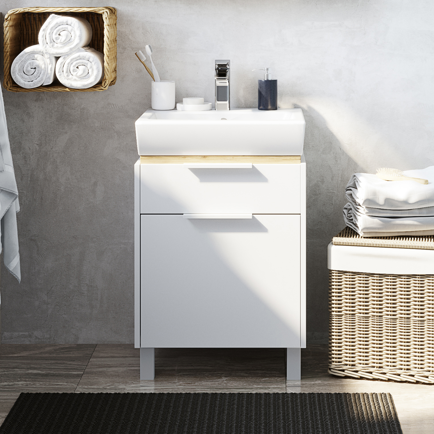 Тумба с раковиной STWORKI Дублин 50 подвесная, с накладной раковиной, узкая, в скандинавском стиле 406297 - 0