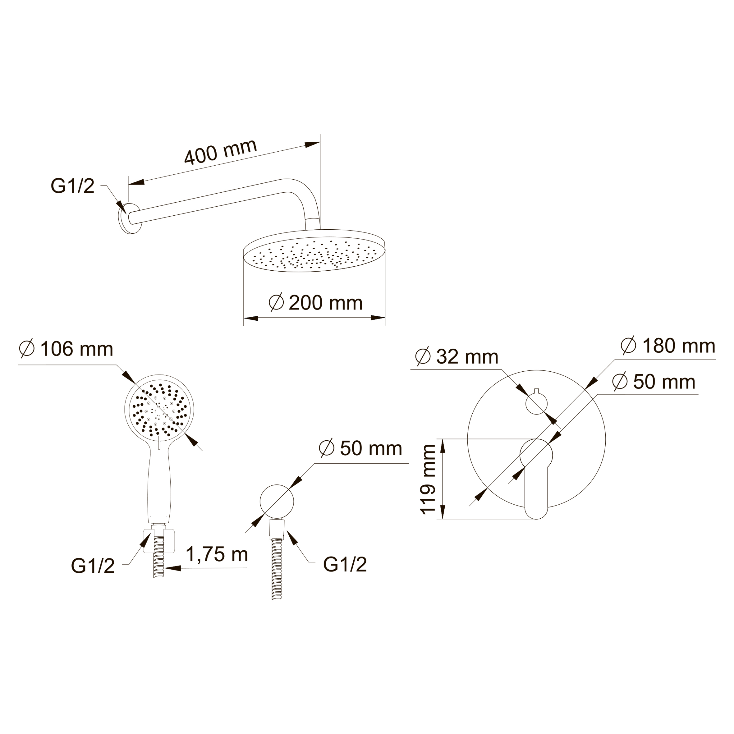 Swedbe Platta Душевой комплект со встроенным смесителем и верхним душем 5538 - 5