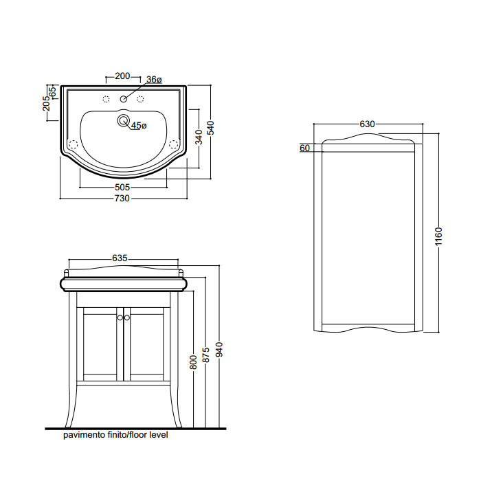 KERASAN Retro 734930, база 73см, с закругленным фасадом, под раковину 1047, цвет белый матовый, ручки: керамика - 1
