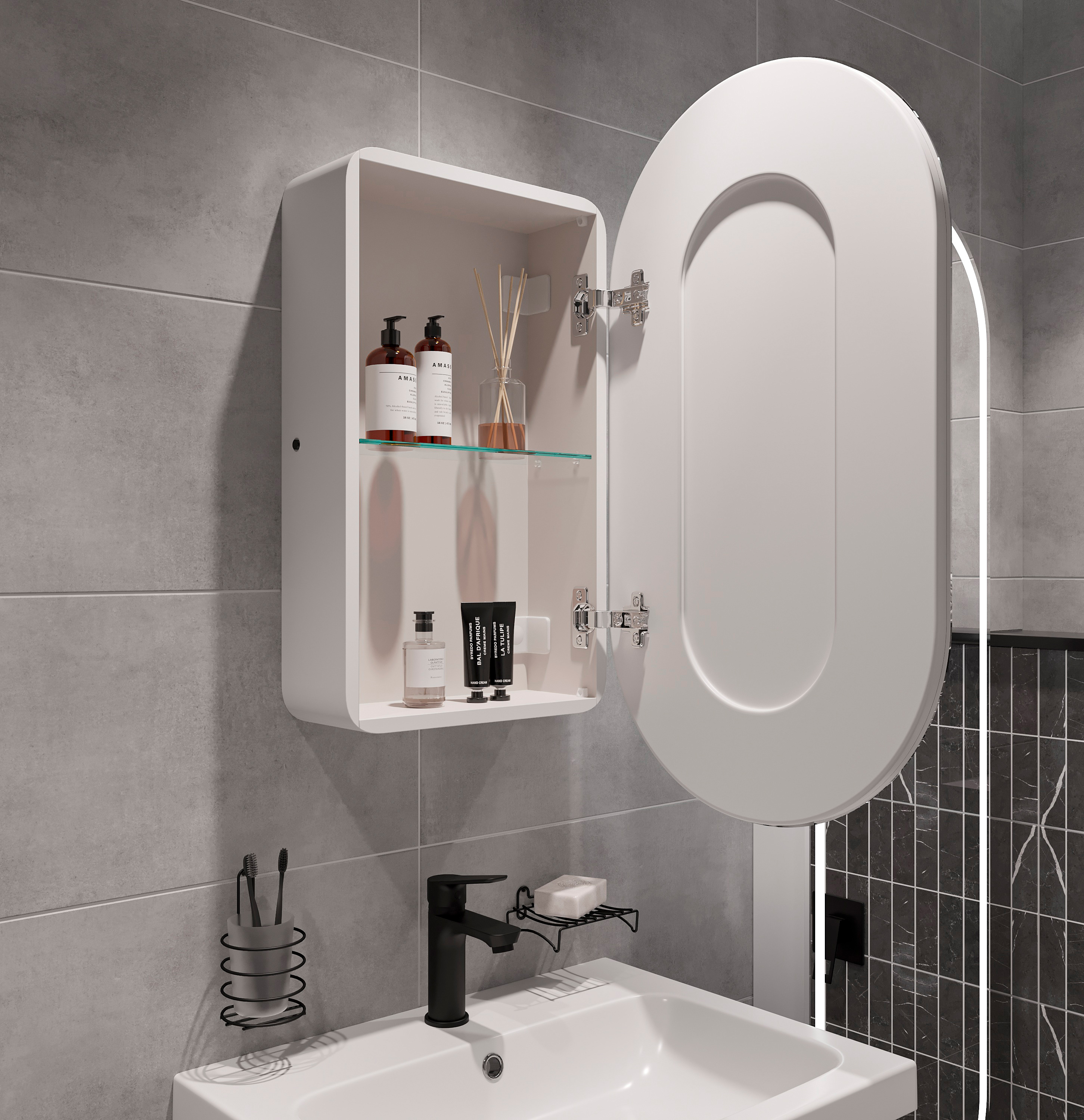 Зеркало-шкаф STWORKI Мальмё МВК074 45, с подсветкой, белый, прямоугольный, навесной, овальный, в стиле лофт - 8