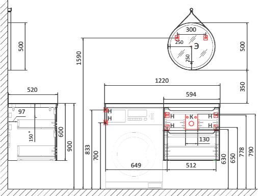 Тумба с раковиной Jorno Wood 120, серая, под стиральную машину - 11