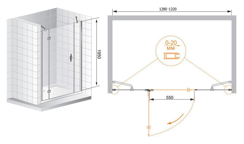 Душевая дверь Cezares Bergamo 130 хром стекло прозрачное BERGAMO-W-B-13-40+60/30-C-Cr-L - 5
