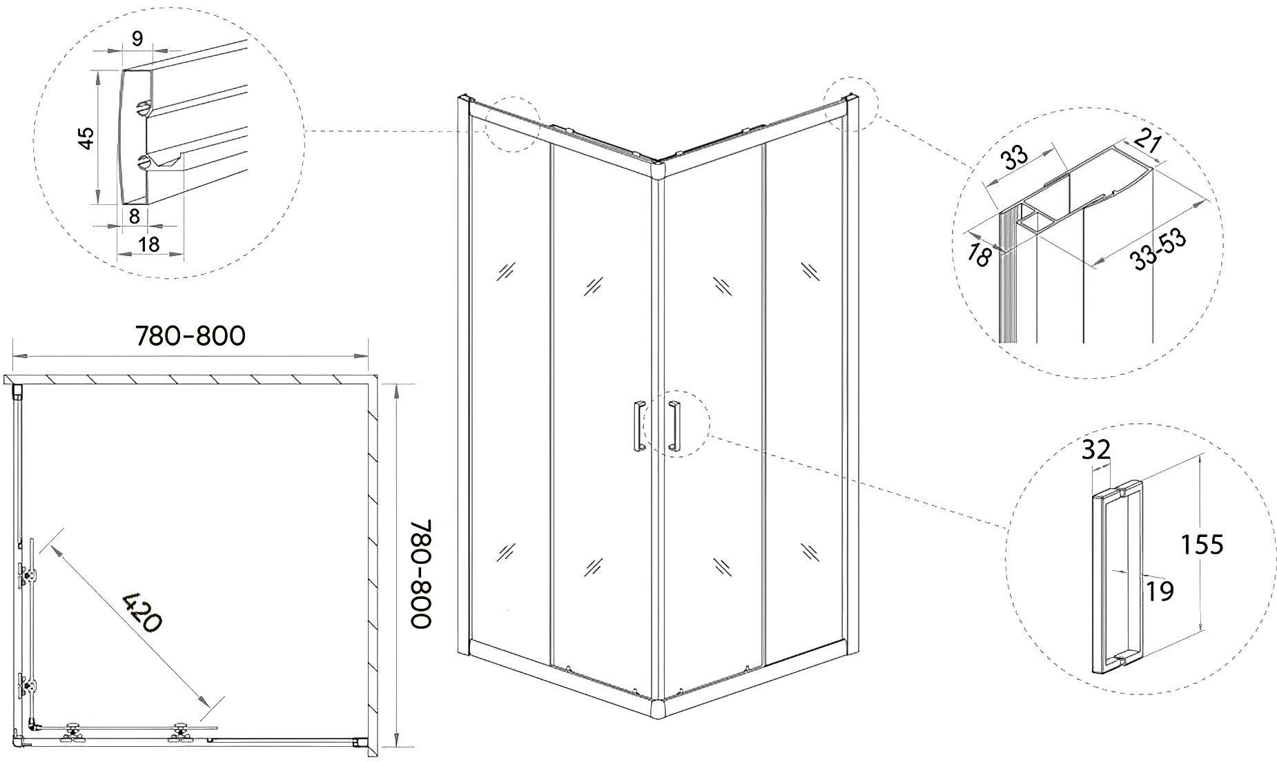 Душевой уголок Veconi Rovigo RV-13 80x80 профиль черный  RV13-80-01-C5 - 2