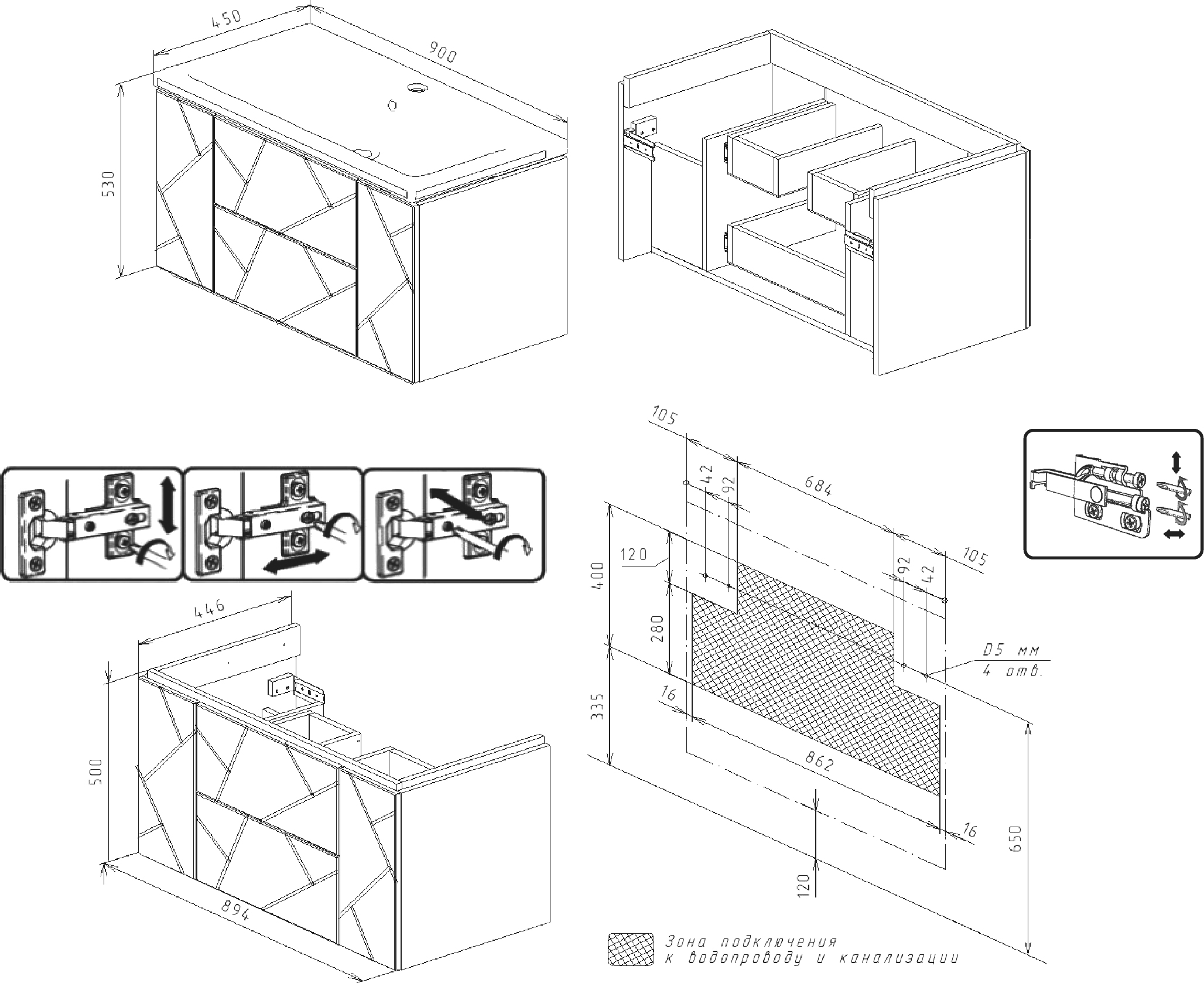 Тумба с раковиной Бриклаер Кристалл 90 софт графит - 4