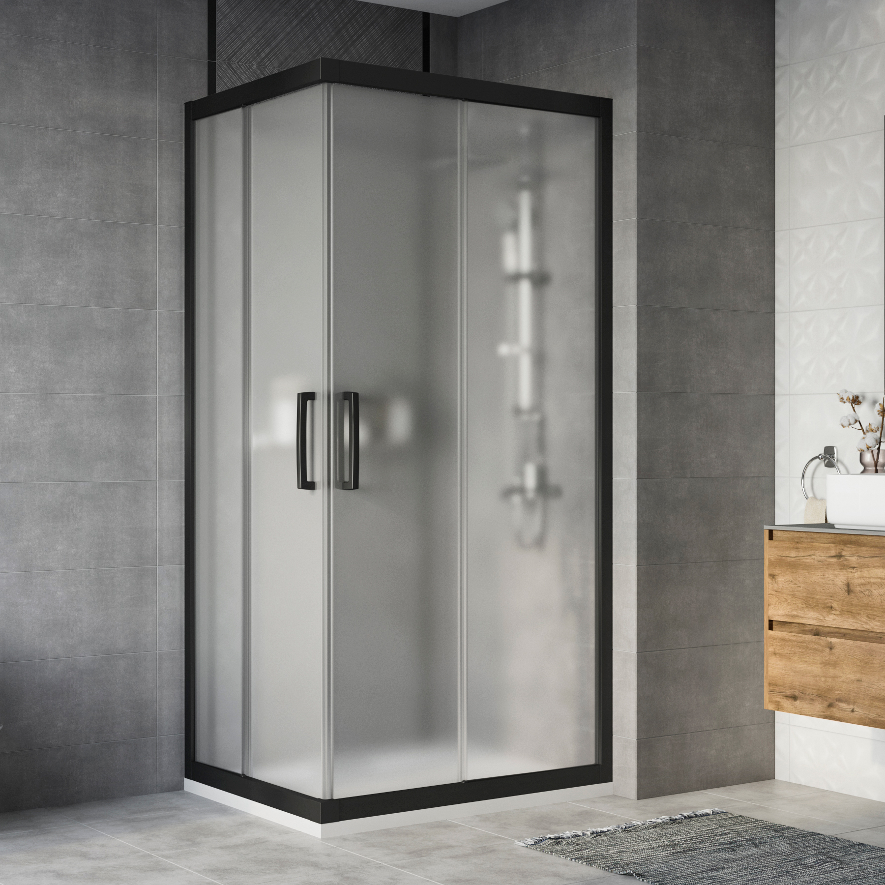 Душевой уголок STWORKI Карлстад DE019RC80100200 100x80 см профиль черный матовы, стекло матовое 3GW129TTKK000 - 0