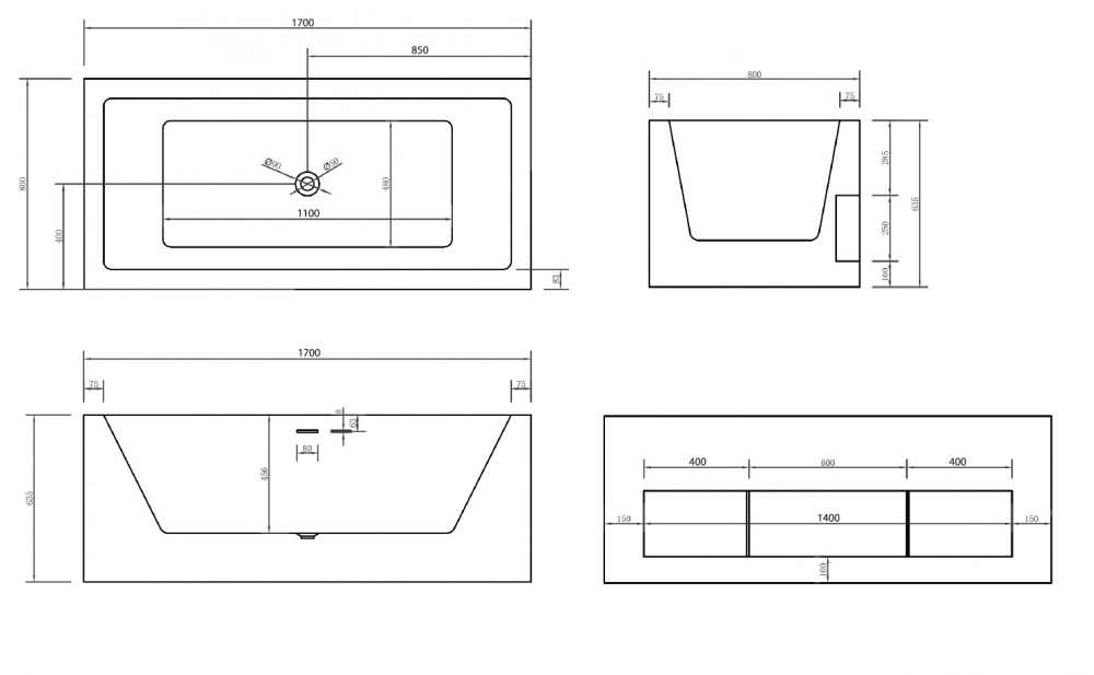 Акриловая ванна Abber 170x80, универсальная  AB9339-1.7 - 3