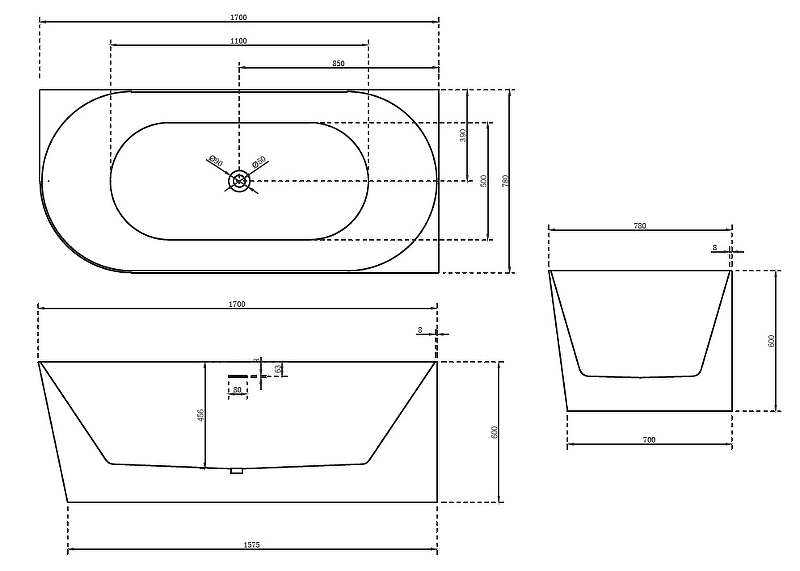 Акриловая ванна ABBER 170х78 белый  AB9258-1.7 R - 4