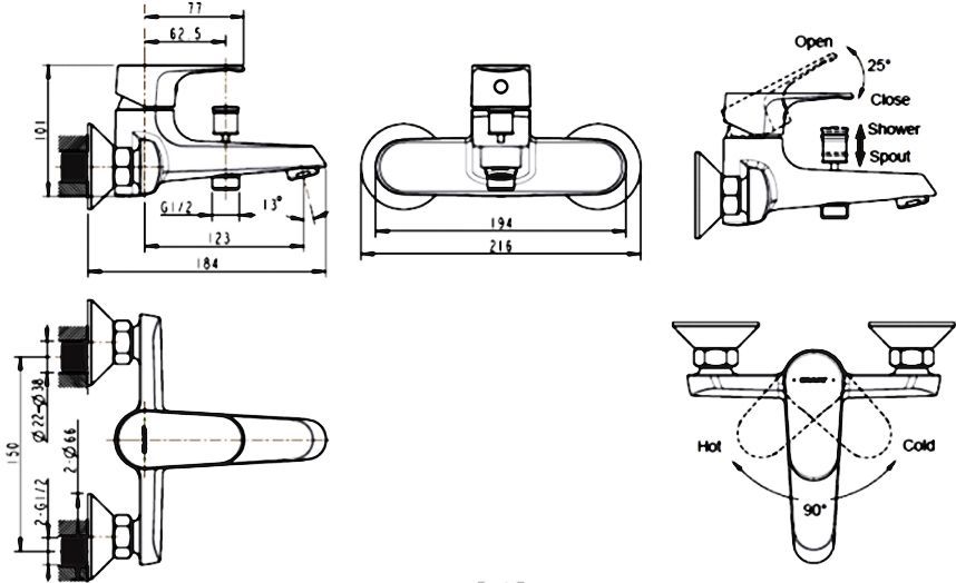 Смеситель Bravat Alfa F6120178CP-01 для ванны с душем - 1