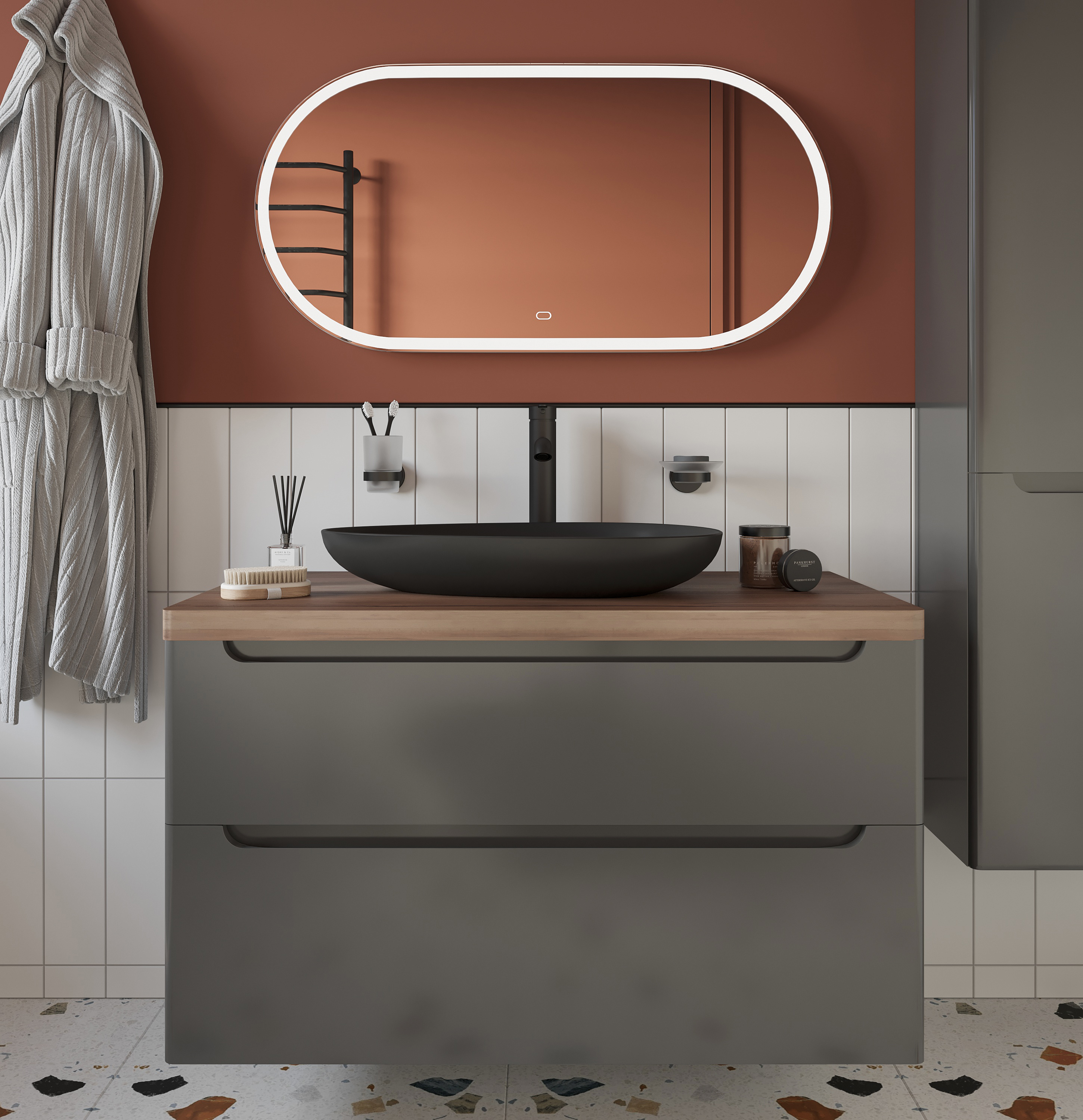 Мебель для ванной STWORKI Берген 100 серая с темной столешницей,  раковина Bocchi Etna Etna 1114-004-0125 черная 568139 - 2