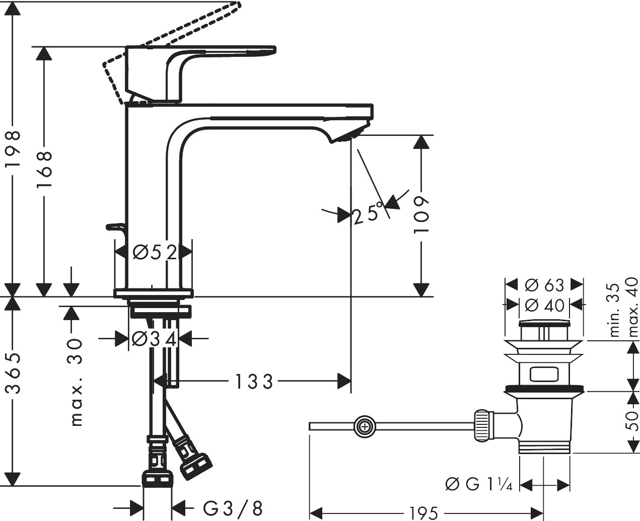 Смеситель для раковины Hansgrohe Rebris E с донным клапаном черный матовый 72589670 - 5