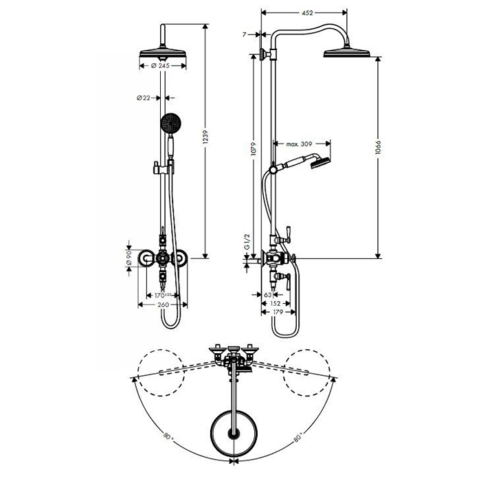 AX Montreux Душевая стойка с термостатом, верхним душем Ø240мм, 1jet, шлангом, ручным душем, цвет: хром 16572000 - 1