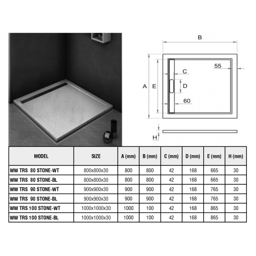 Душевой поддон с сифоном Weltwasser WW TRS  80 STONE-BL 80х80 черный  10000004378 - 2
