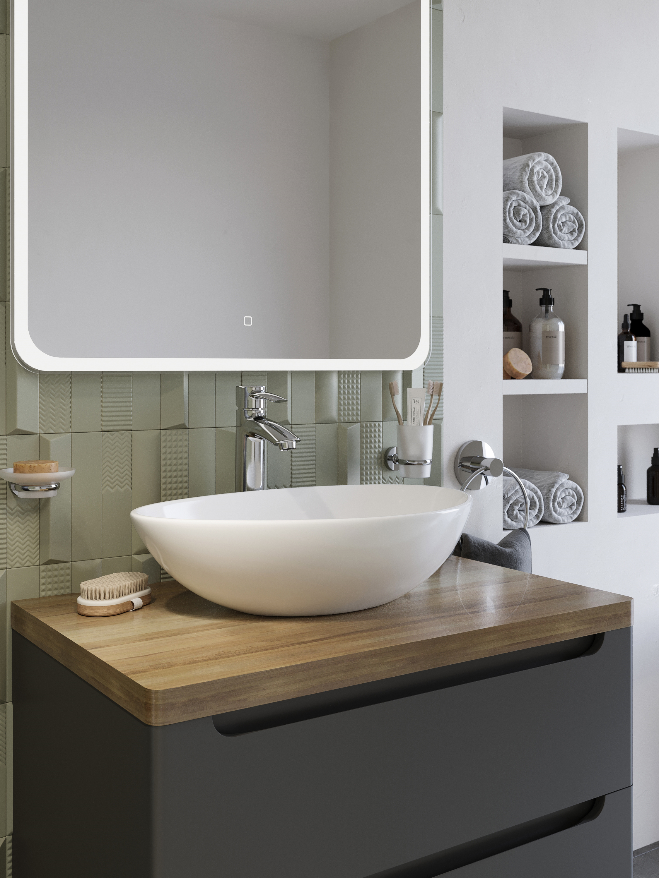 Мебель для ванной STWORKI Берген 80 серая со светлой столешницей, раковина Moduo 55 Leaf 549492 - 3