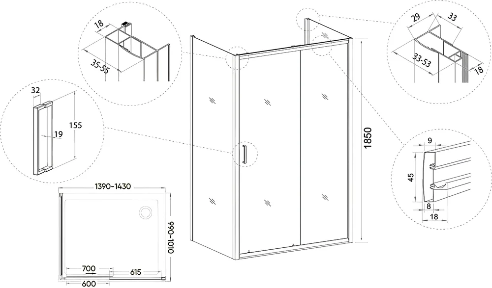 Душевой уголок Veconi Rovigo RV-046 140х100 см профиль хром   RV046-140100-01-C5 - 2