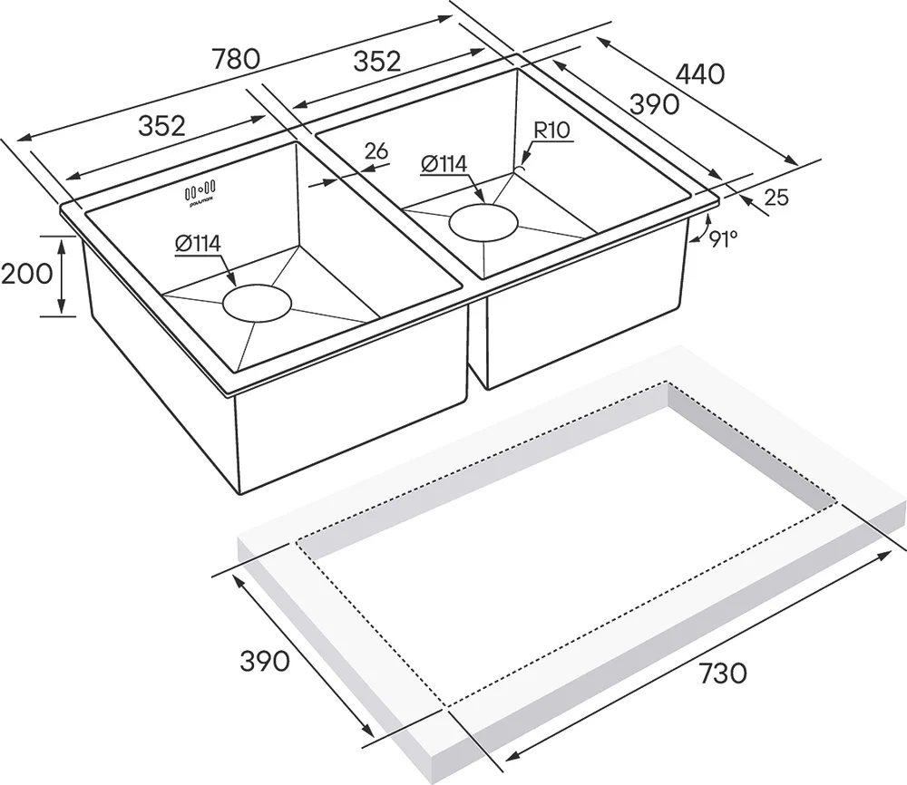 Мойка кухонная Paulmark Twin 78 брашированная сталь PM237844-BS - 3