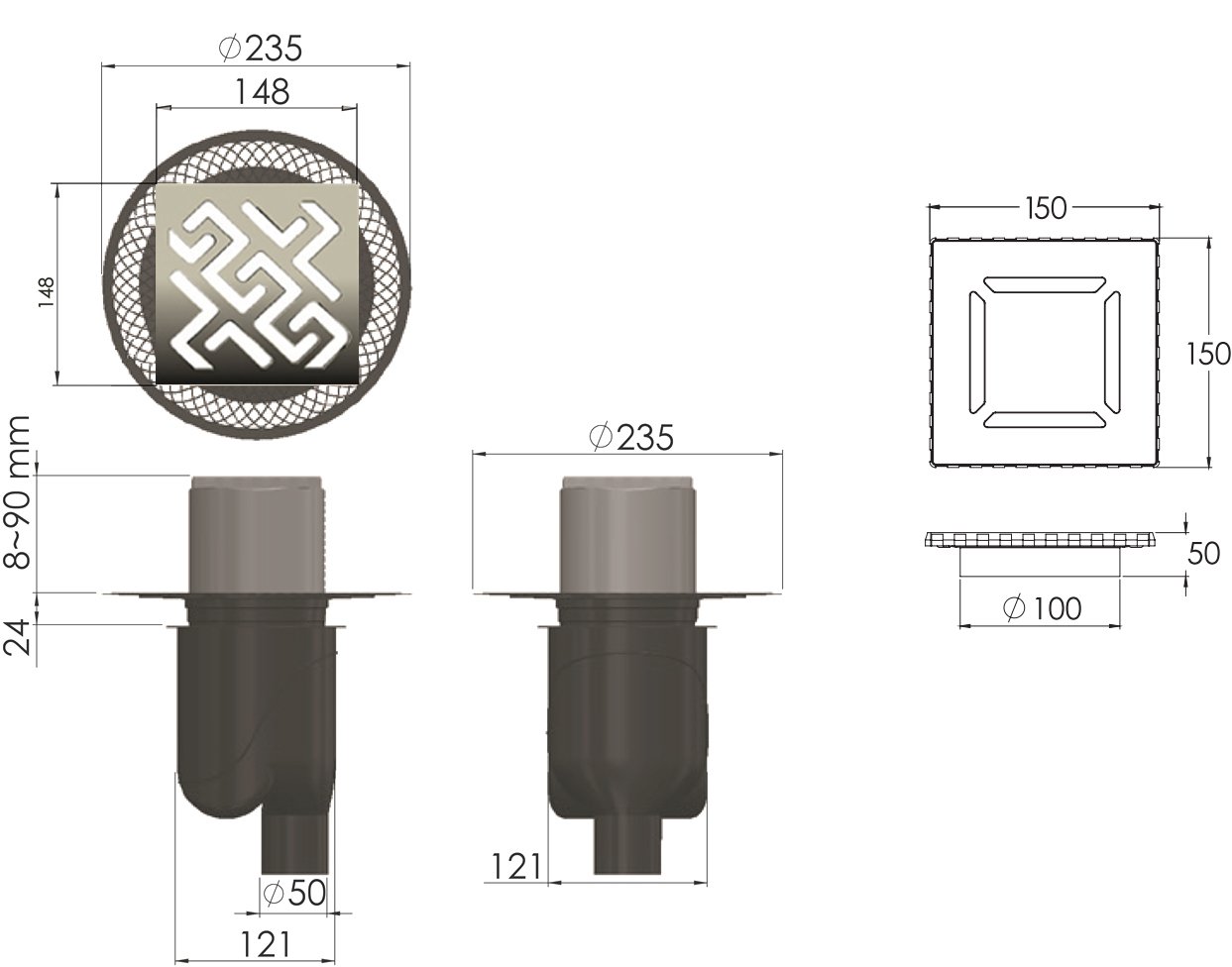 Душевой трап Berges Wasserhaus Platz Antik 15x15 см 090061 - 3